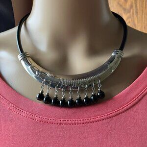 Choker with dangals + Bracelet Set Black Leather 18.5 Choker Handmade NEW